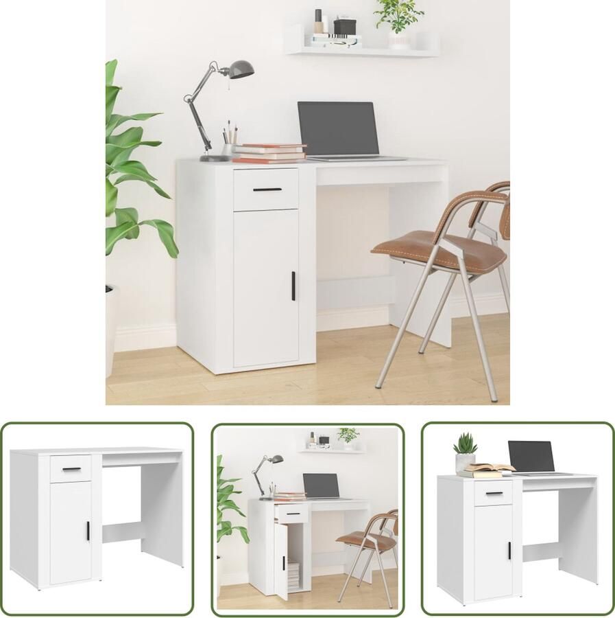 The Living Store Bureau 100 x 49 x 75 cm Wit bewerkt hout Kantoormeubilair Bureau Houten Bureau Wit Bureau Compact Bureau - Foto 2