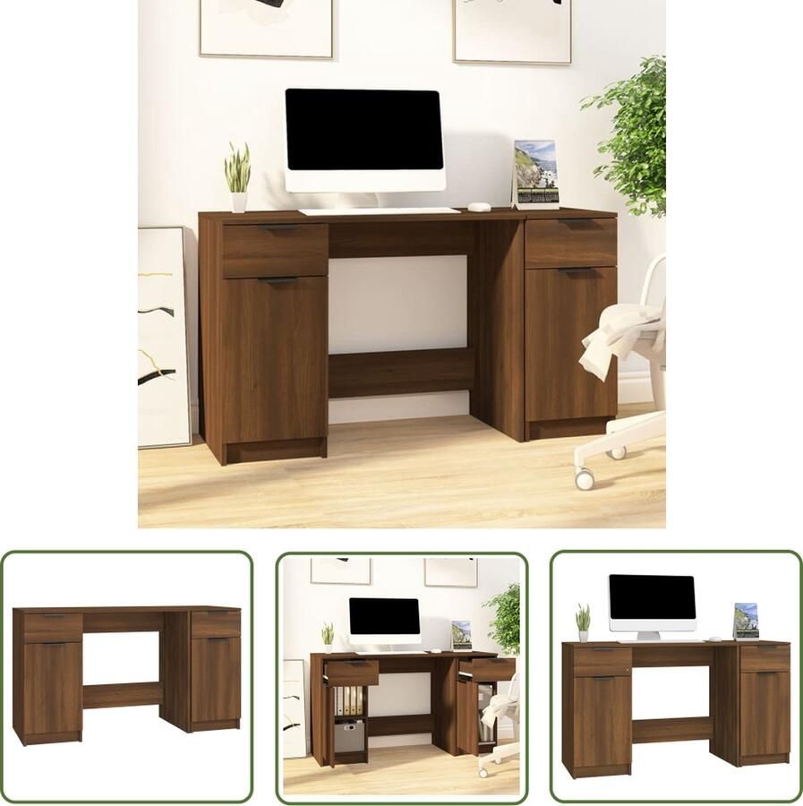 The Living Store Bureau met bijzetkast bewerkt hout bruin eikenkleur Kantoormeubilair Bureau Houten Bureau Bruin Bureau Bureaublad - Foto 3