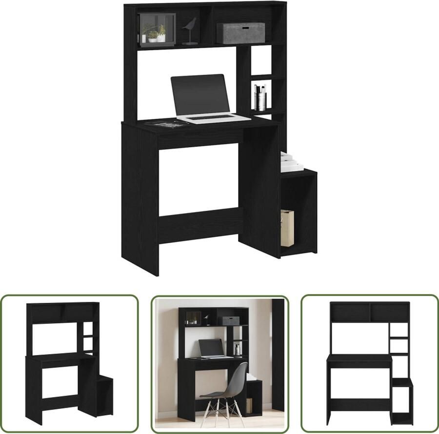 The Living Store Bureau met schappen 100x45x140 cm bewerkt hout zwart Kantoormeubilair Bureau Houten Bureau Schrijfburea Home Office