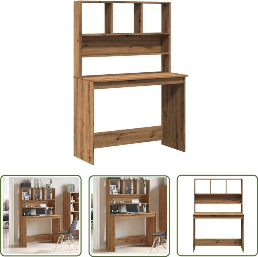 The Living Store Bureau met schappen 102x45x148 cm bewerkt hout artisanaal eiken Kantoormeubilair Bureau Houten Bureau Schrijfbureau Opslagruimte