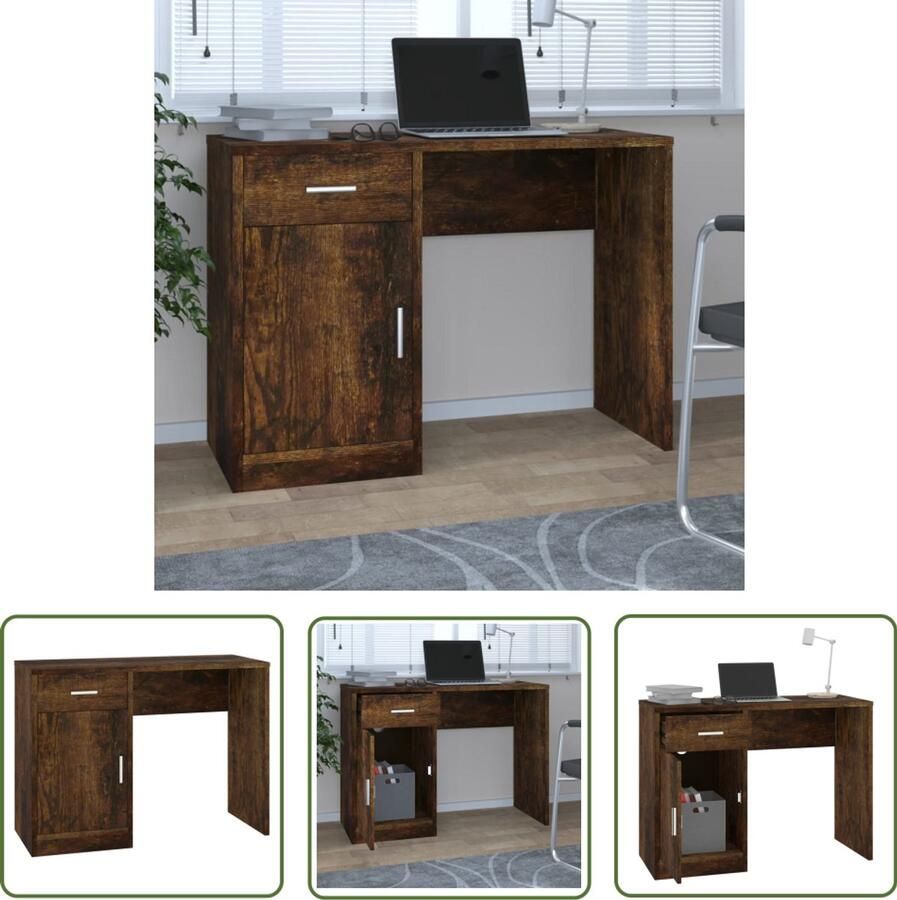 VidaXL Bureau Kast en Lade 100x40x73 cm Gerookt Eiken Kantoormeubilaar Houten Bureau Met Lade Bureau Met Kast Smoked Oak Werkplek - Foto 2
