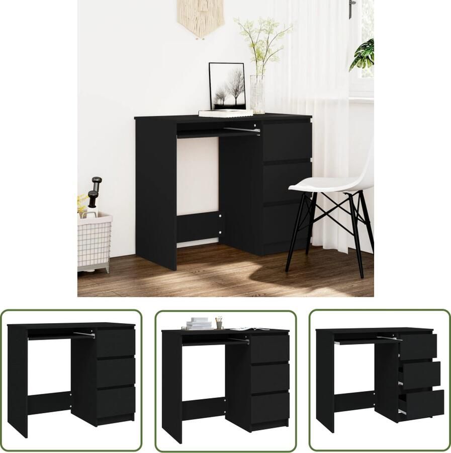The Living Store Bureau Kinderkamer 90 x 45 x 76 cm Hoogwaardig spaanplaat Zwart Met 3 lades Kantoorbureau Bureau Kinderen Kamer Houten Bureau Zwart Bureau Compact Bureau - Foto 2