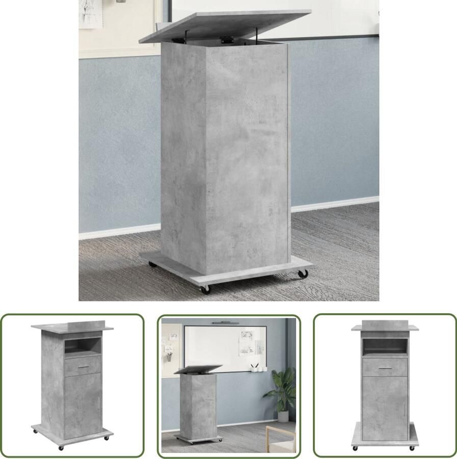 The Living Store Lessenaar met wielen en lade 55x55x107 cm hout betongrijs Lessenaar Bureau Houten Bureau Laptop Tafel Kantoormeubel