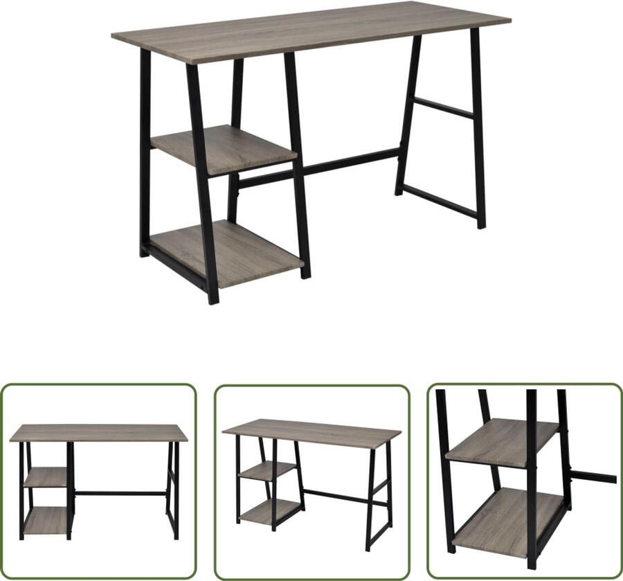 VidaXL Bureau met 2 schappen Grijs en Eiken Computerbureau Bureau Schrijfbureau Houten Bureau Grijze Meubels Eiken Meubels Opbergruimte Multifunctionele Tafel Thuiskantoor Studententafel Modern Bureau Minimalistisch Bureau