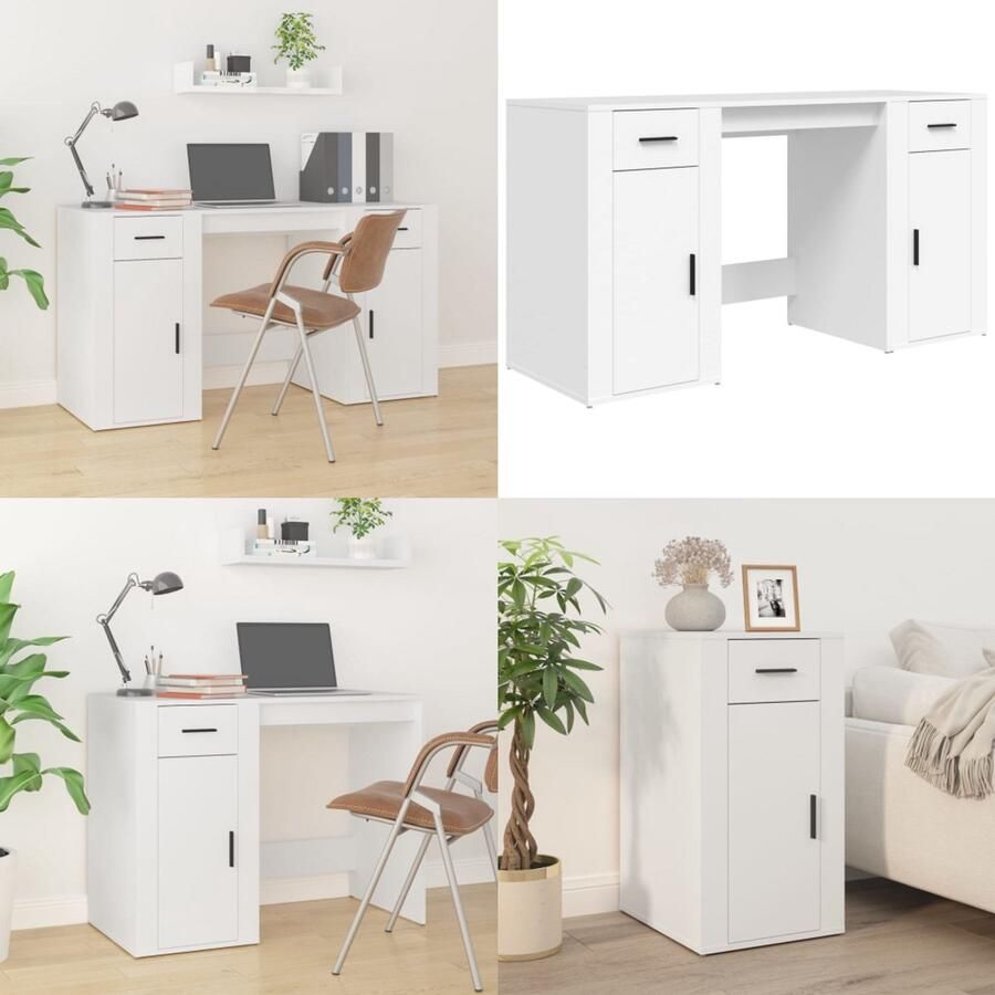 VidaXL Bureau met kast bewerkt hout wit Bureau Met Kast Bureaus Met Kasten Schrijftafel Met Kast