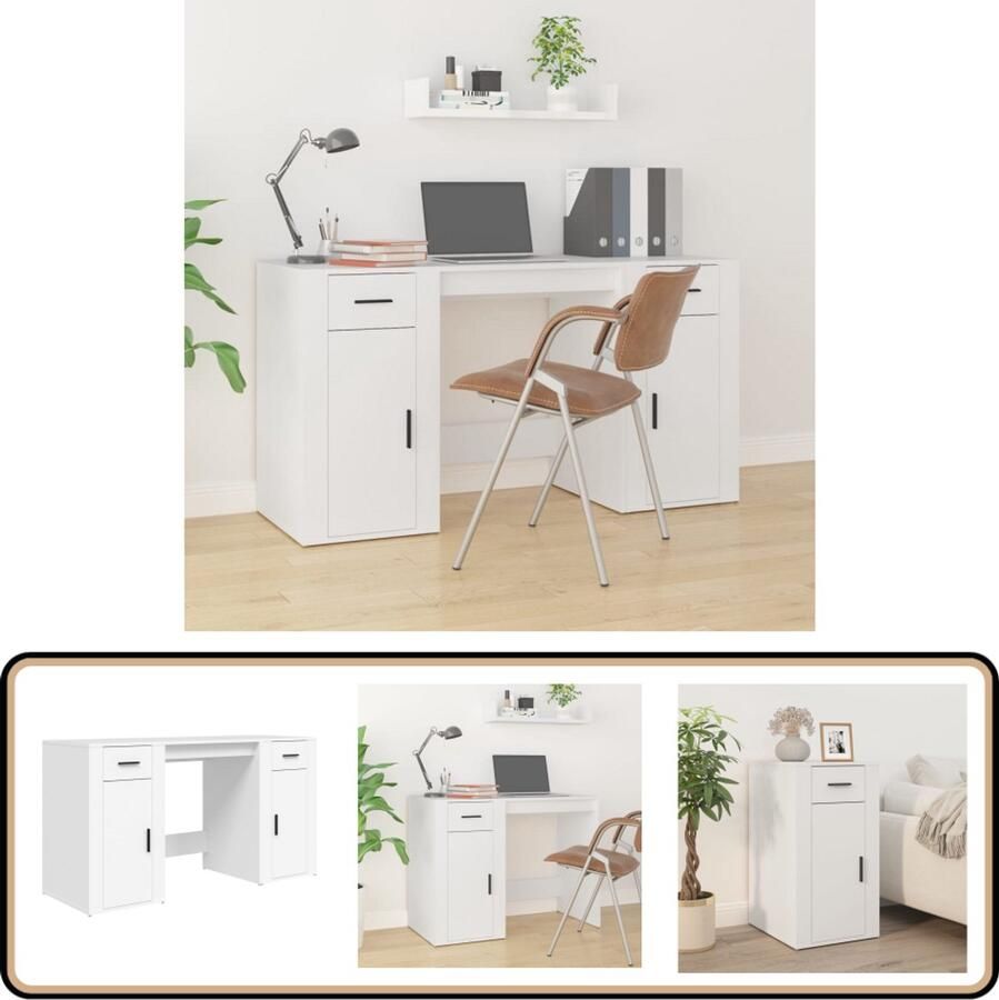 VidaXL Bureau met kast Bewerkte hout wit Kantoormeubilair Bureau Met Lade Houten Bureau Wit Bureau Bureaublad