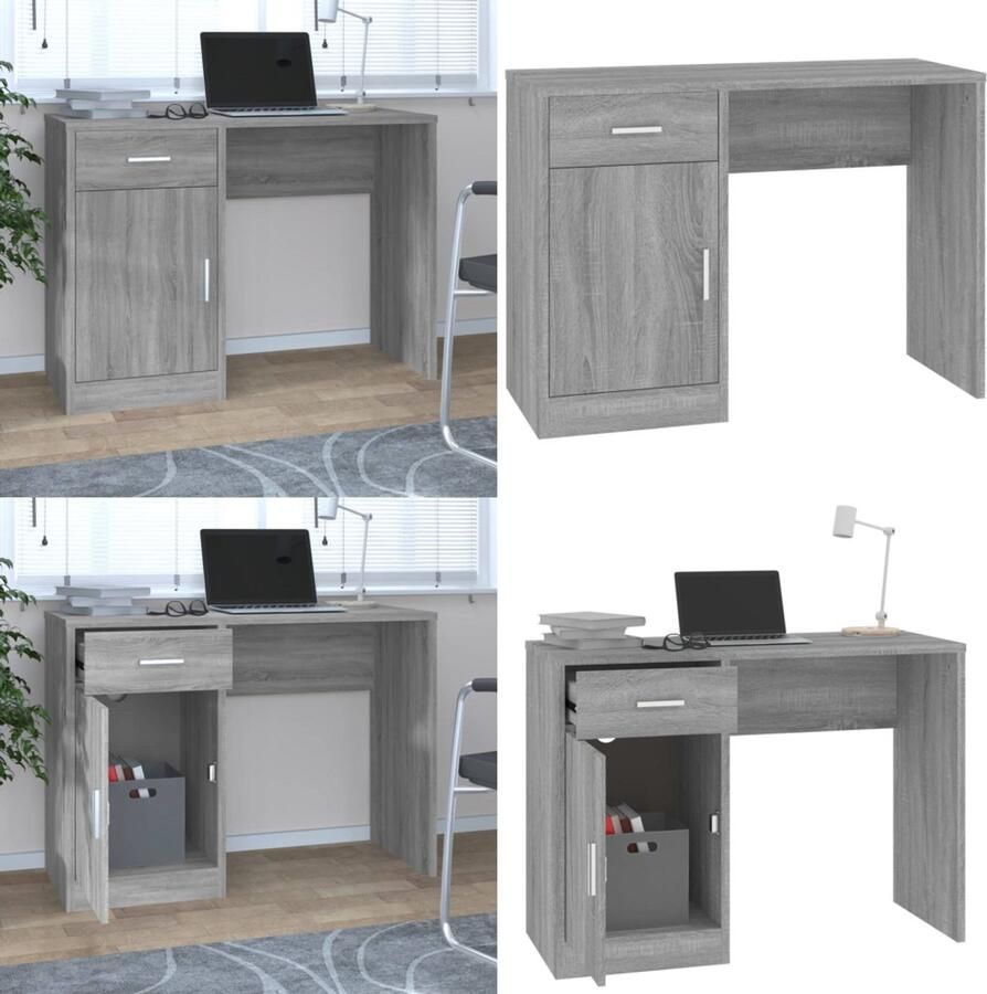 VidaXL Bureau met kast en lade 100x40x73 cm bewerkt hout grijs sonoma Bureau Bureaus Tafel Computerbureau