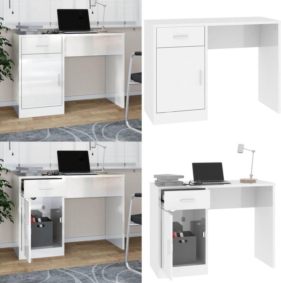 VidaXL Bureau met kast en lade 100x40x73 cm bewerkt hout hoogglans wit Bureau Bureaus Tafel Computerbureau