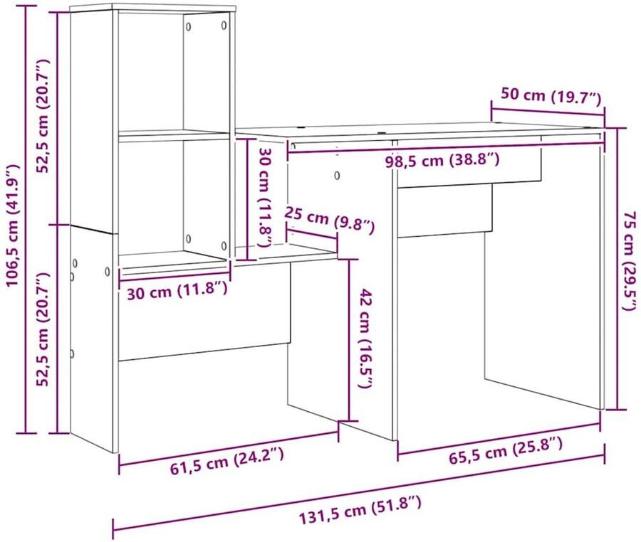 VidaXL Bureau met lade met plank met opslag artisanaal eikenkleurig 131 5 x 50 x 106 5 cm