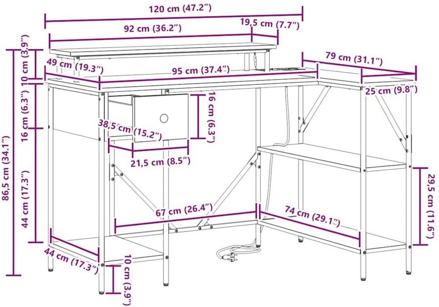 VidaXL Bureau with LED Strip Lights met lade Zwart eiken Bewerkt hout