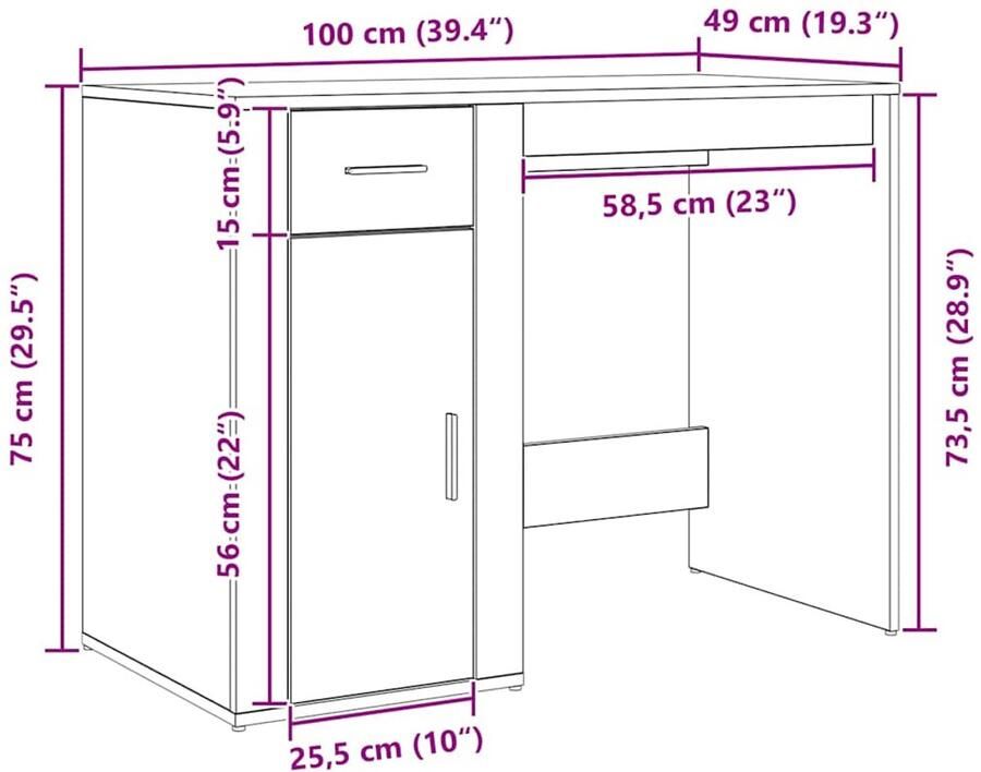 VidaXL Bureau met lade Zwart Eiken 100 x 49 x 75 cm Bewerkt hout - Foto 2