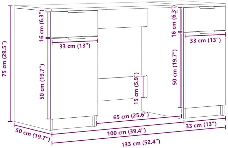 VidaXL Bureau met lade Zwart eiken 133 x 50 x 75 cm Bewerkt hout