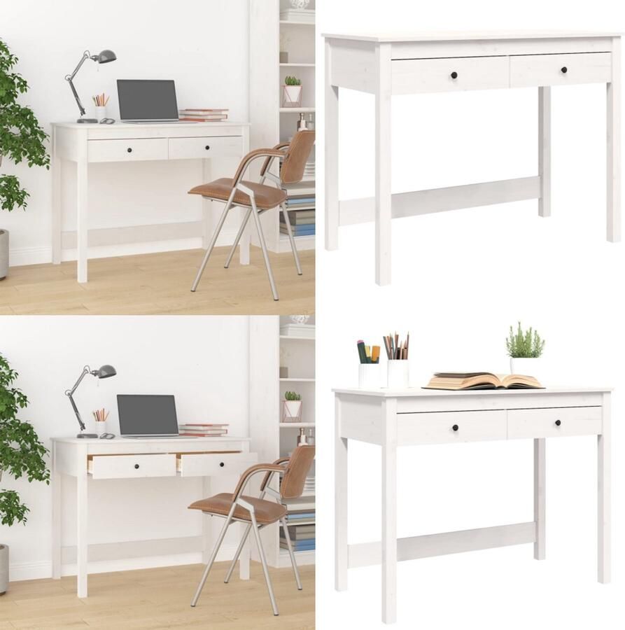 VidaXL Bureau met lades 100x50x78 cm massief grenenhout wit Bureau Bureaus Houten Bureau Schrijftafel