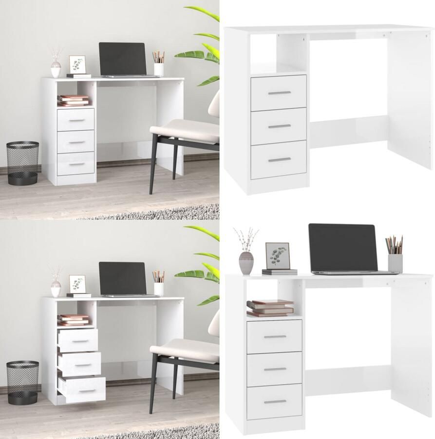 VidaXL Bureau met lades 102x50x76 cm bewerkt hout hoogglans wit Bureau Bureaus Tafel Tafels