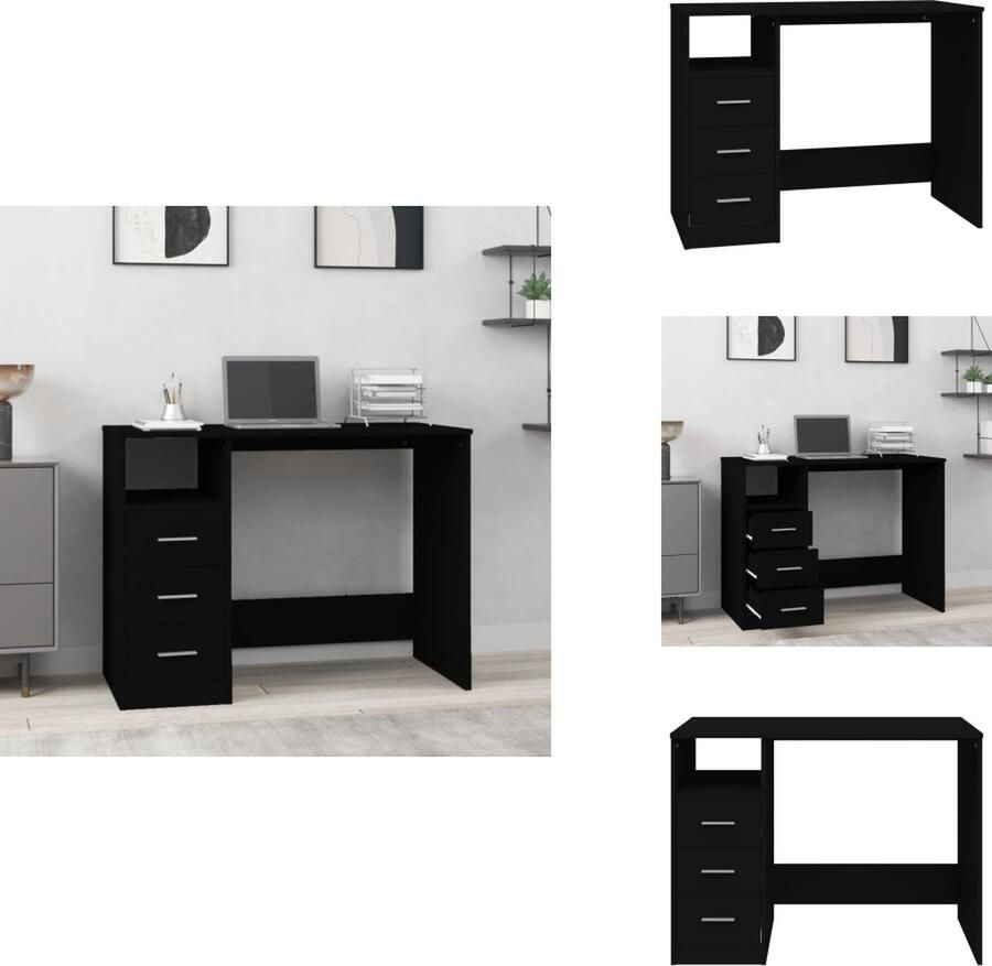VidaXL Bureau Bureaus Tafel Tafels Bureau met lades 102x50x76 cm bewerkt hout zwart - Foto 2