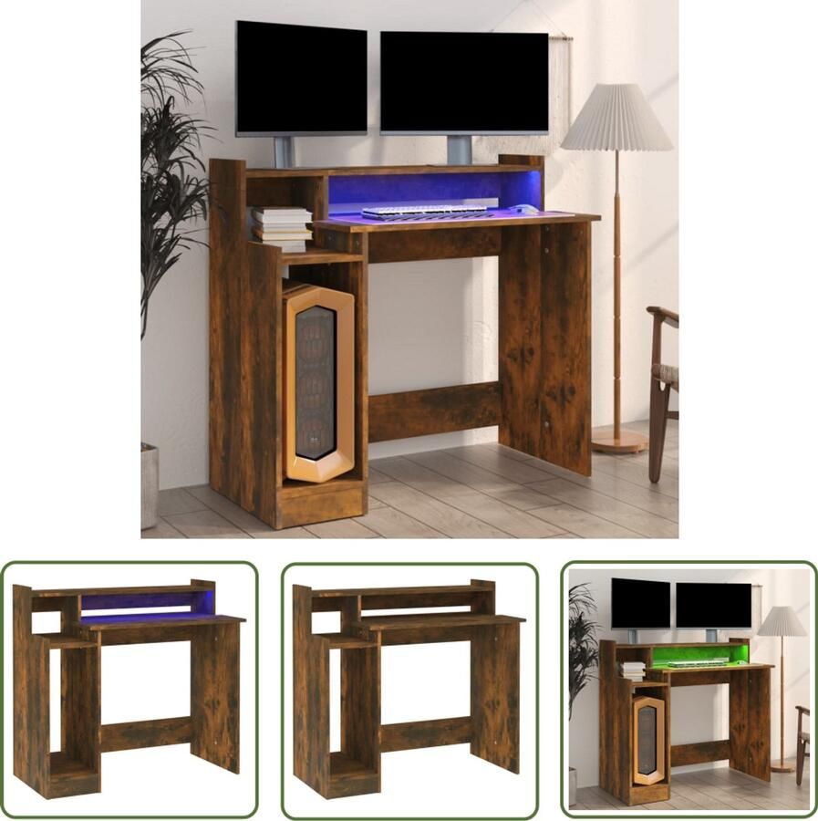 VidaXL Bureau met LED Gerookt Eiken 97x45x90 cm Kantoorbureau Bureau Computerbureau Schrijfblad Led Verlichting Houten Bureau Bruine Bureau