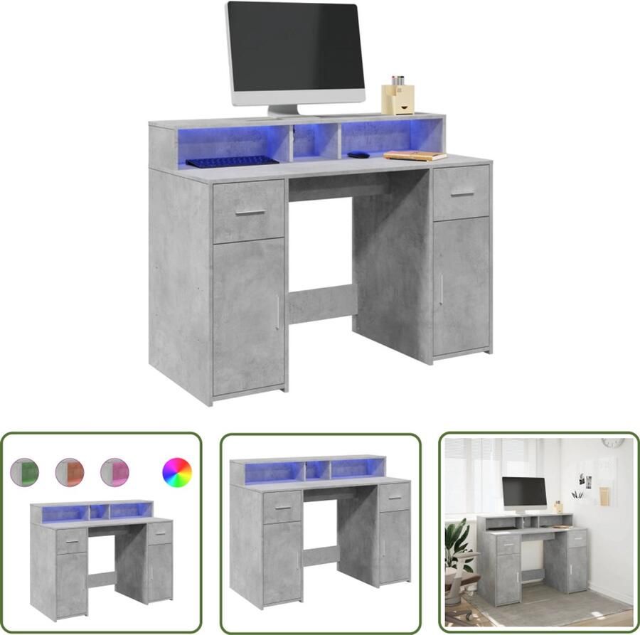 VidaXL Bureau met LED-verlichting 120x55x91 cm bewerkt hout betongrijs Bureau Houten Bureau Led Bureau Computer Bureau Gaming Bureau