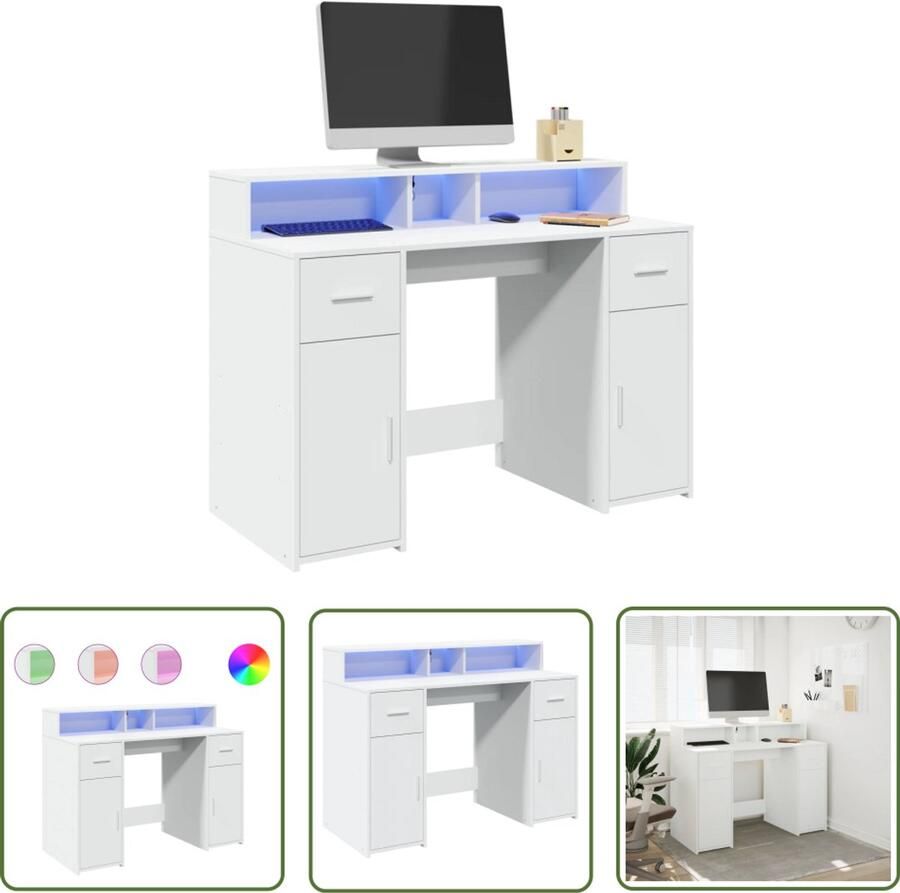 VidaXL Bureau met LED-verlichting 120x55x91 cm bewerkt hout wit Bureau Houten Bureau Led Bureau Computer Bureau Gaming Bureau