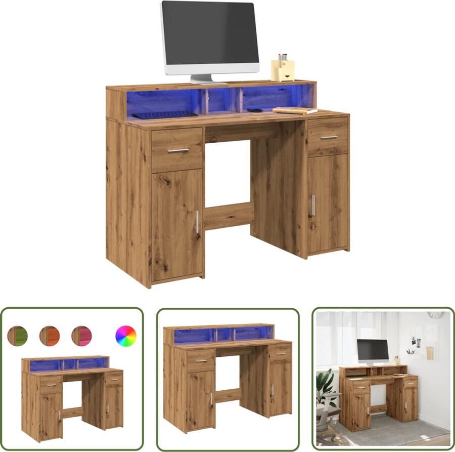 VidaXL Bureau met LED-verlichting 120x55x91 cm hout artisanaal eiken Bureau Houten Bureau Computer Bureau Led Bureau Gaming Bureau