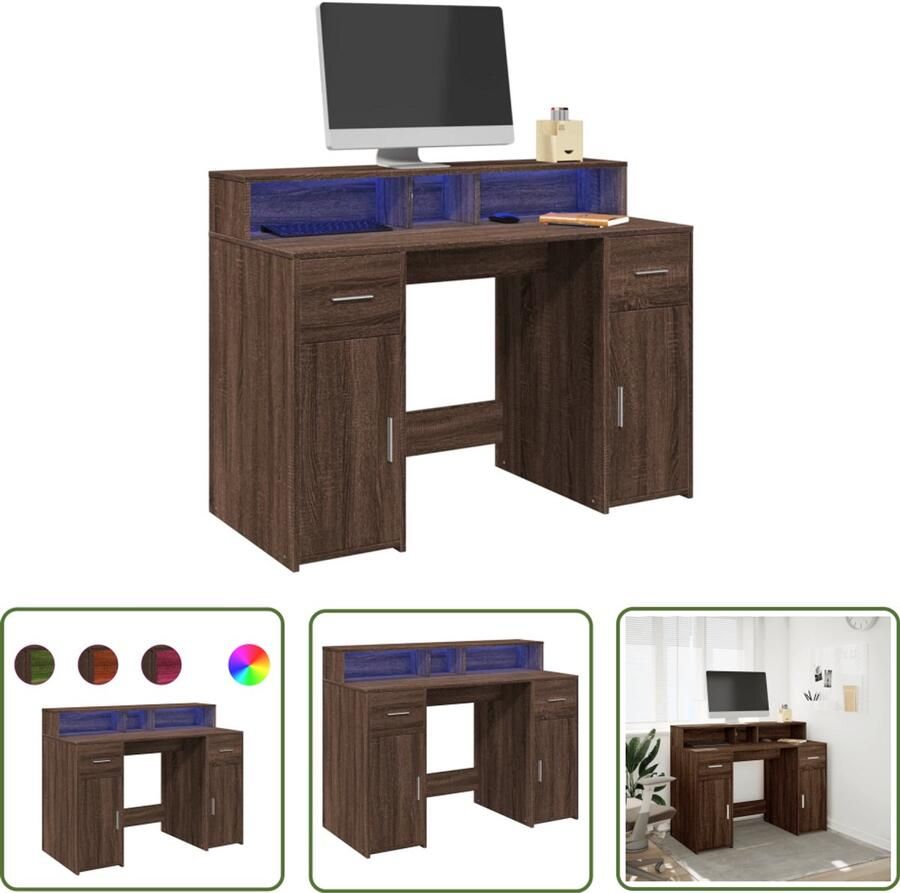 VidaXL Bureau met LED-verlichting 120x55x91 cm hout bruin eikenkleurig Dynamische Sleutel Gereedschap Mechanica Klikmechanisme Torque Wrench