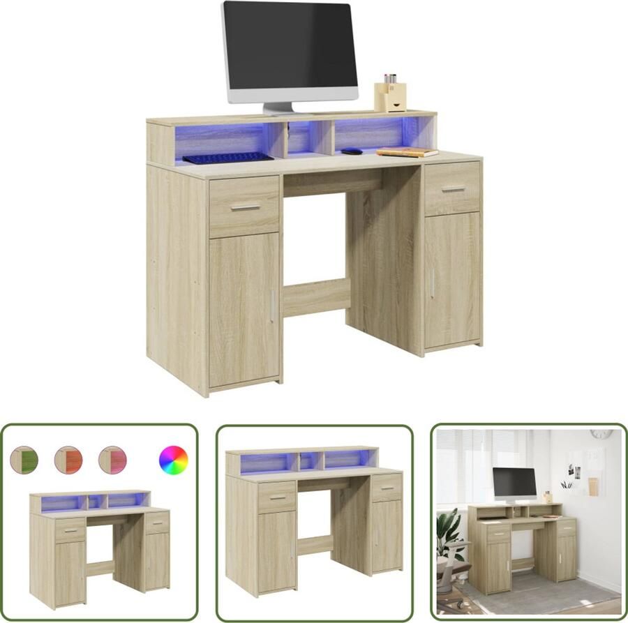 VidaXL Bureau met LED-verlichting 120x55x91 cm hout sonoma eikenkleur Bureau Houten Bureau Led Bureau Computer Bureau Home Office