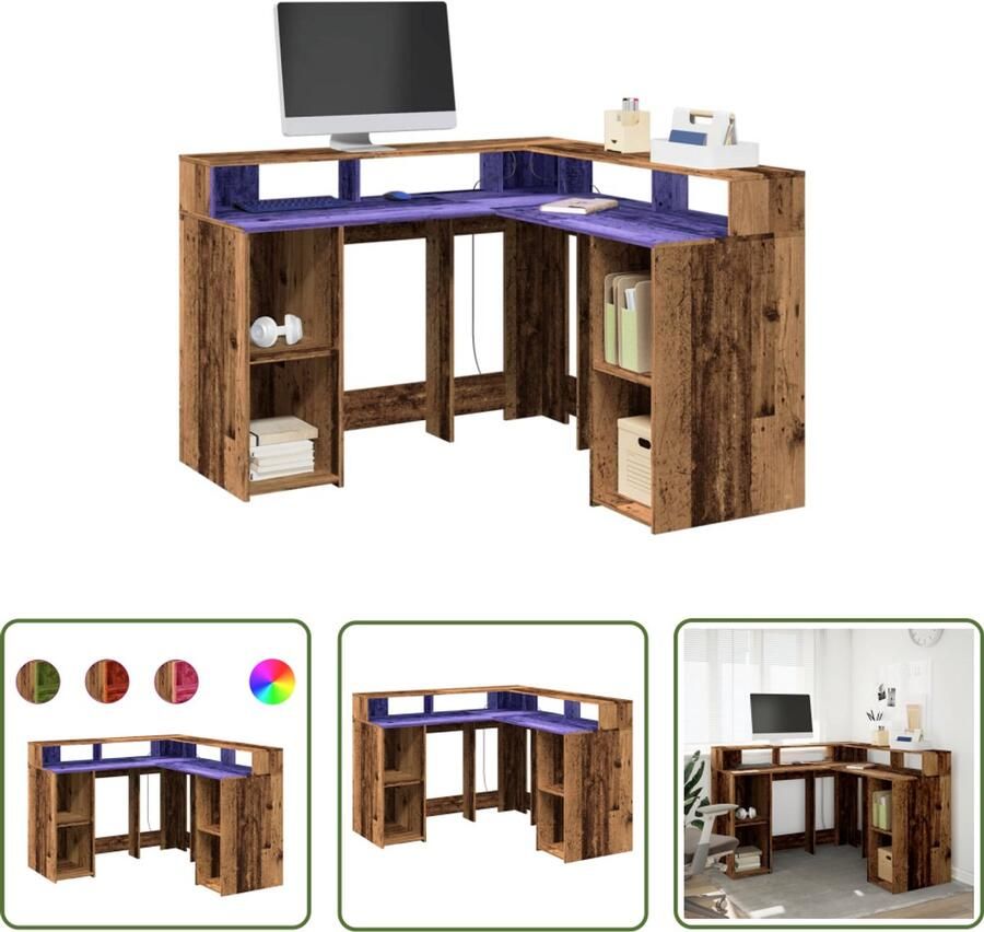 VidaXL Bureau met LED-verlichting 130x130x91 cm bewerkt hout oud hout Bureau Houten Bureau Led Bureau Computer Bureau Gaming Bureau