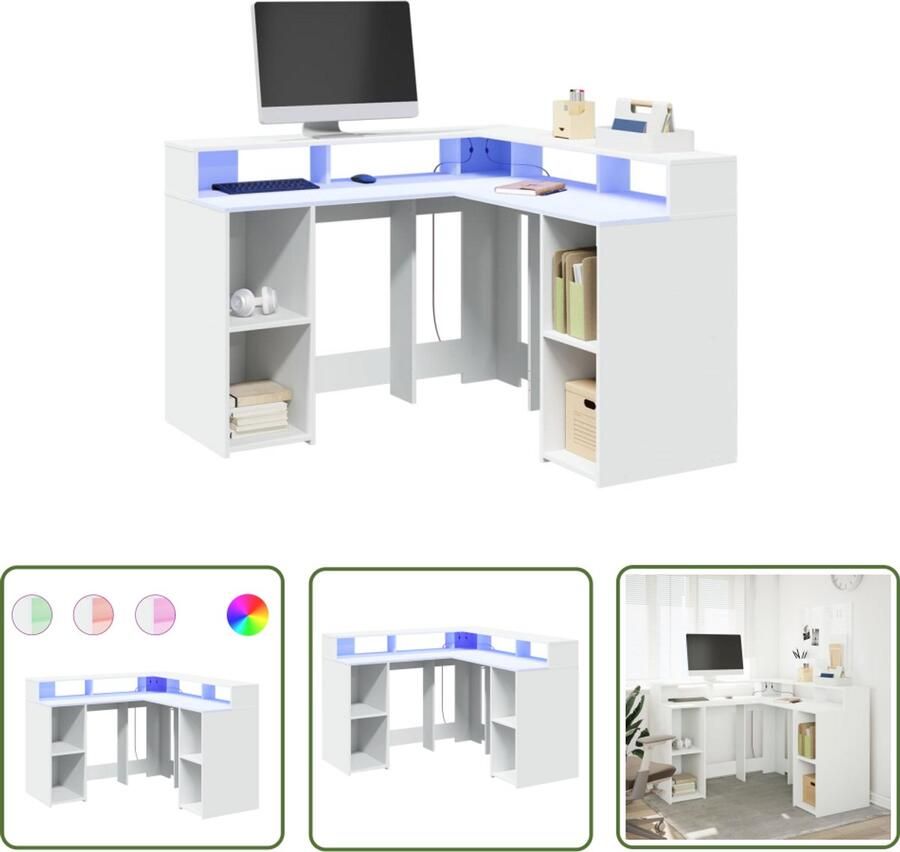 VidaXL Bureau met LED-verlichting 130x130x91 cm bewerkt hout wit Bureau Led Verlichting Houten Bureau Computer Bureau Werkblad