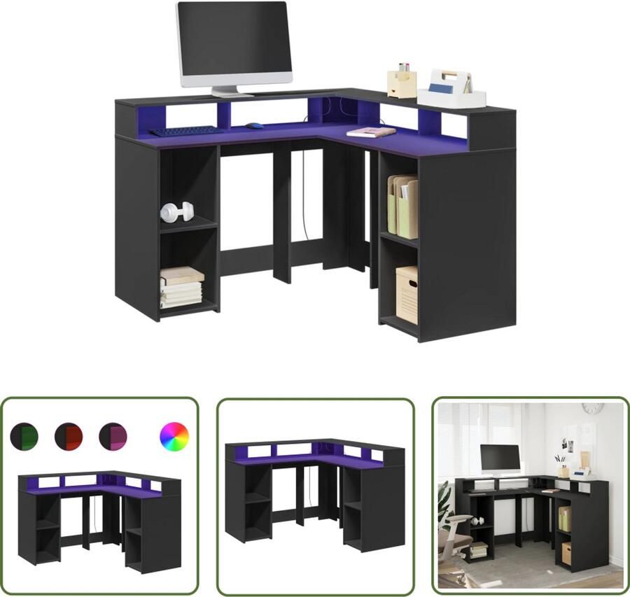 VidaXL Bureau met LED-verlichting 130x130x91 cm bewerkt hout zwart Bureau Houten Bureau Computer Bureau Led Bureau Gaming Bureau