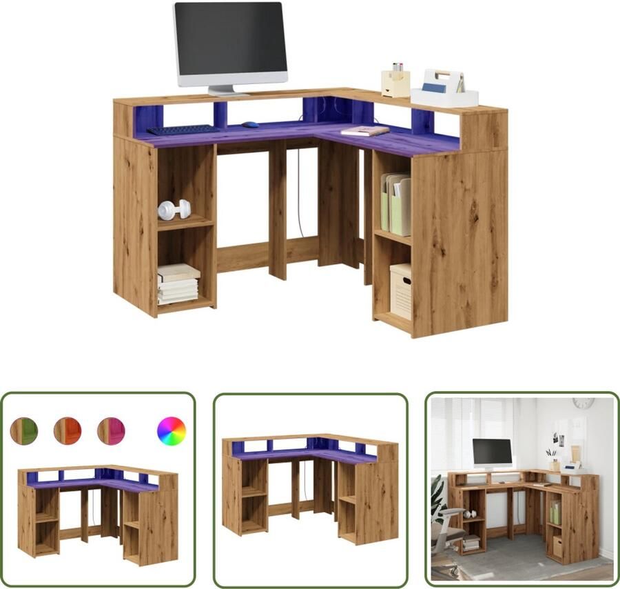 VidaXL Bureau met LED-verlichting 130x130x91 cm hout artisanaal eiken Bureau Houten Bureau Computer Bureau Led Bureau Ergonomisch Bureau