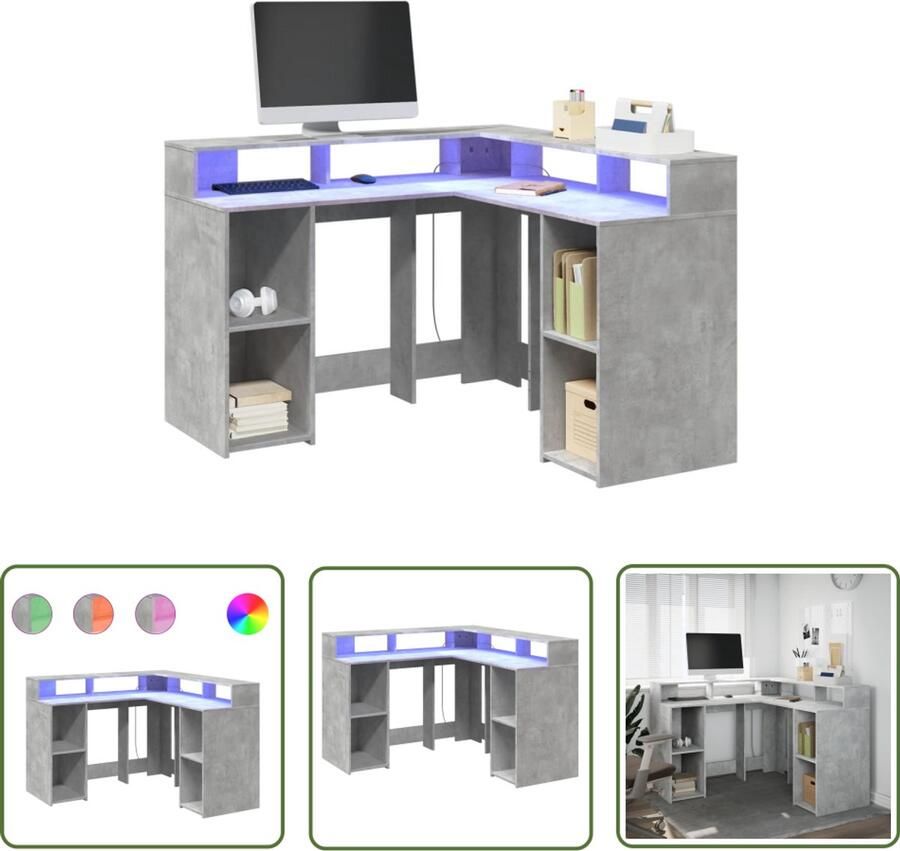 VidaXL Bureau met LED-verlichting 130x130x91 cm hout betongrijs Bureau Led Verlichting Houten Bureau Computer Bureau Home Office
