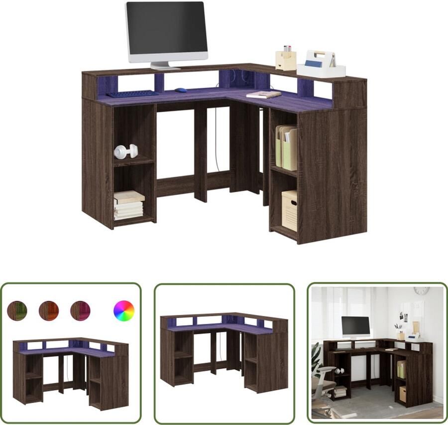 VidaXL Bureau met LED-verlichting 130x130x91 cm hout bruin eikenkleur Bureau Houten Bureau Led Bureau Computer Bureau Gaming Bureau