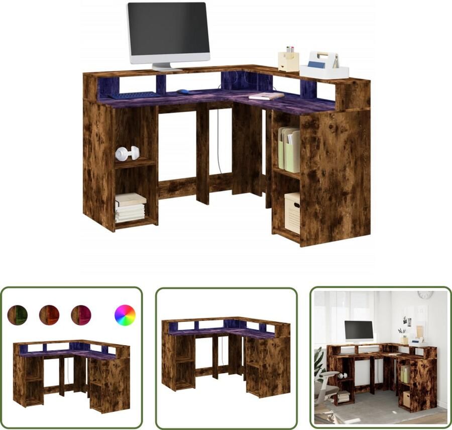 VidaXL Bureau met LED-verlichting 130x130x91 cm hout gerookt eiken Bureau Houten Bureau Computer Bureau Gaming Bureau Led Bureau