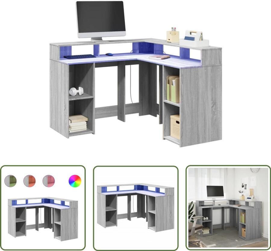 VidaXL Bureau met LED-verlichting 130x130x91 cm hout grijs sonoma Bureau Houten Bureau Computer Bureau Led Bureau Gaming Bureau