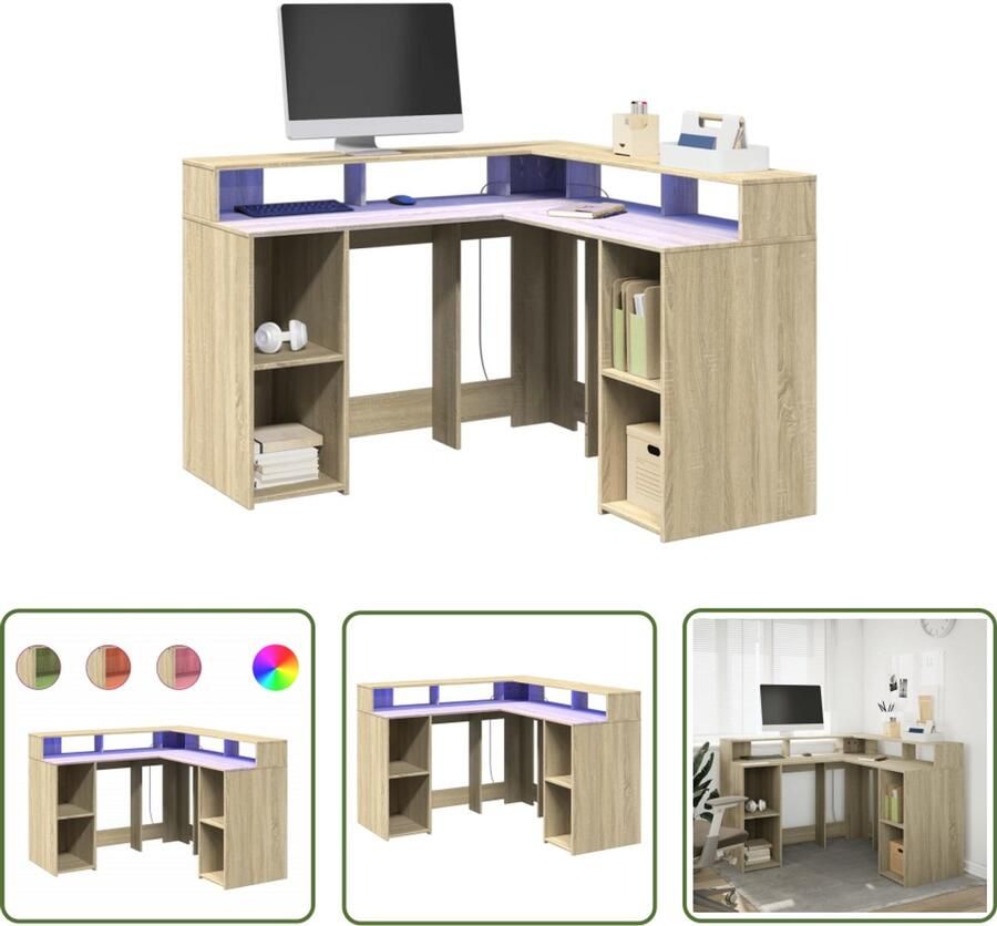 VidaXL Bureau met LED-verlichting 130x130x91 cm hout sonoma eikenkleur Bureau Led Verlichting Houten Bureau Computer Bureau Gaming Bureau