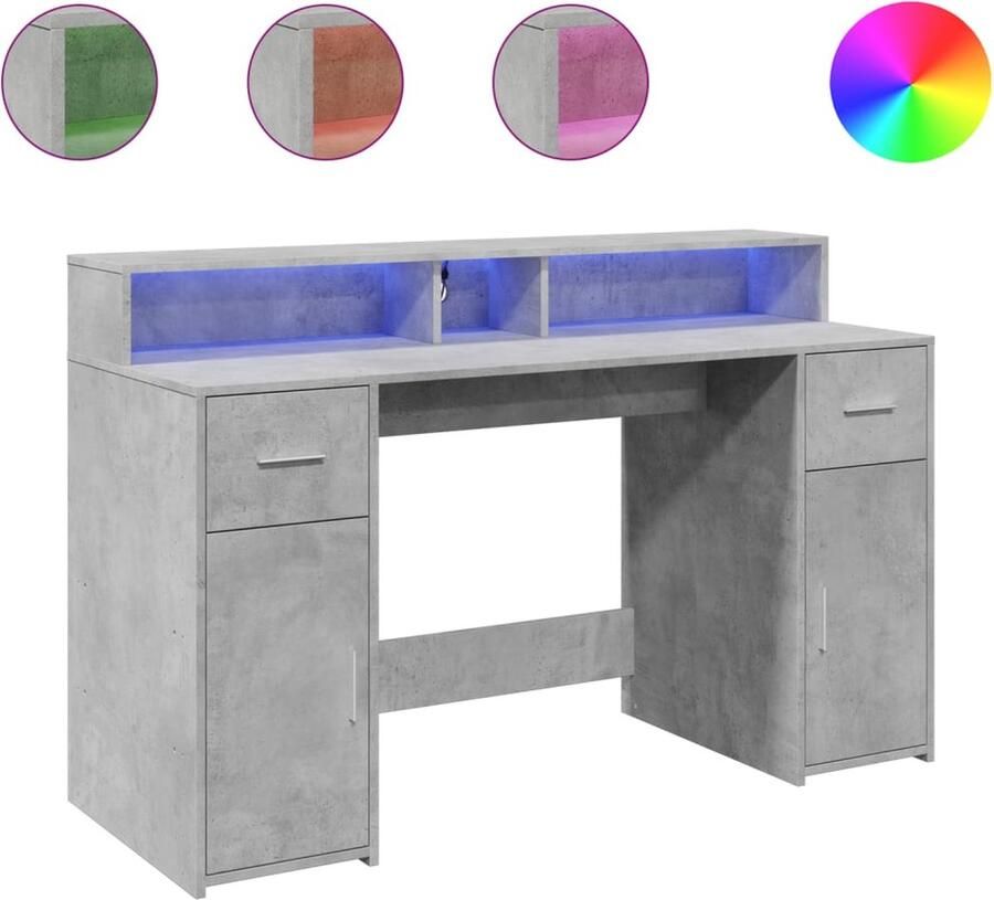 VidaXL Bureau met LED-verlichting 140x55x91 cm bewerkt hout betongrijs