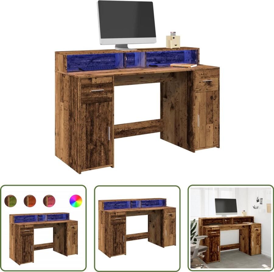 VidaXL Bureau met LED-verlichting 140x55x91 cm bewerkt hout oud hout Dynammometer Sleutel Gereedschapset Klikmechanisme Torque Wrench Handgereedschap