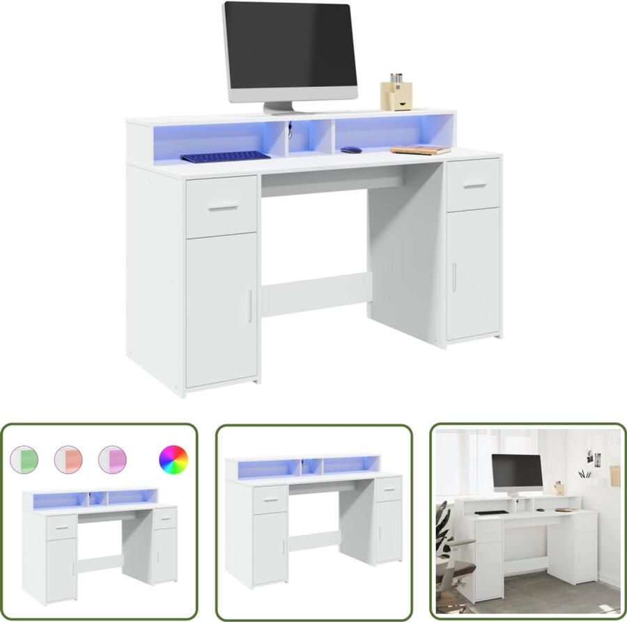 VidaXL Bureau met LED-verlichting 140x55x91 cm bewerkt hout wit Bureau Houten Bureau Led Bureau Computer Bureau Werkblad