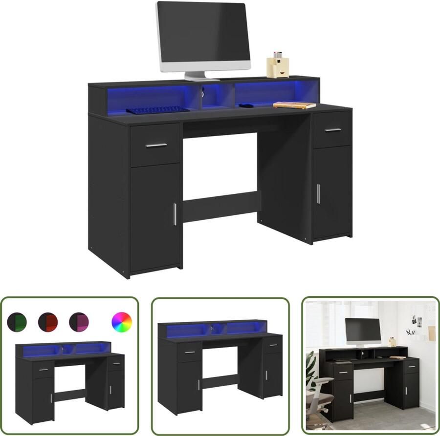 VidaXL Bureau met LED-verlichting 140x55x91 cm bewerkt hout zwart Bureau Houten Bureau Led Bureau Computer Bureau Gaming Bureau