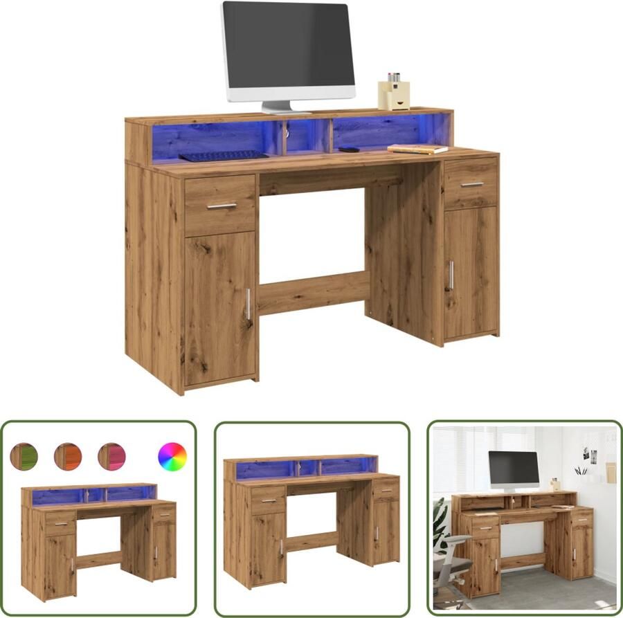 VidaXL Bureau met LED-verlichting 140x55x91 cm hout artisanaal eiken Dynamische Sleutel Gereedschap Mechanica Draper Tools Klikmechanisme