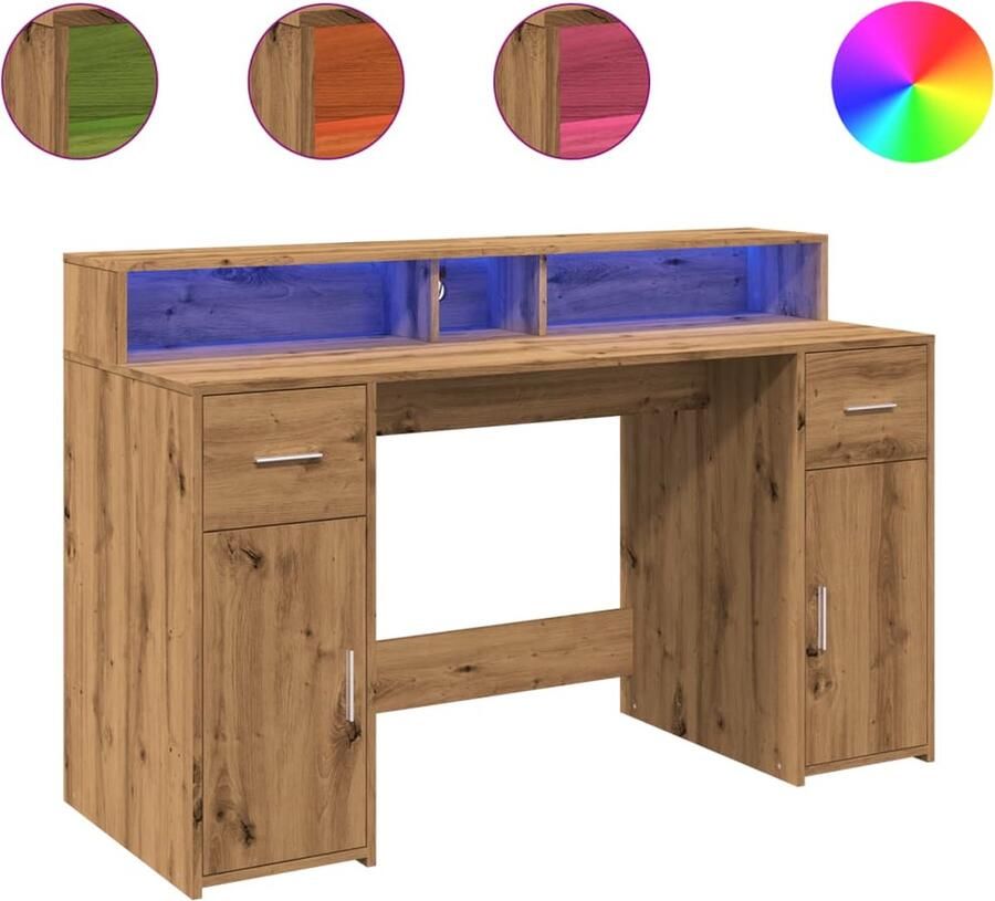 VidaXL Bureau met LED-verlichting 140x55x91 cm hout artisanaal eiken