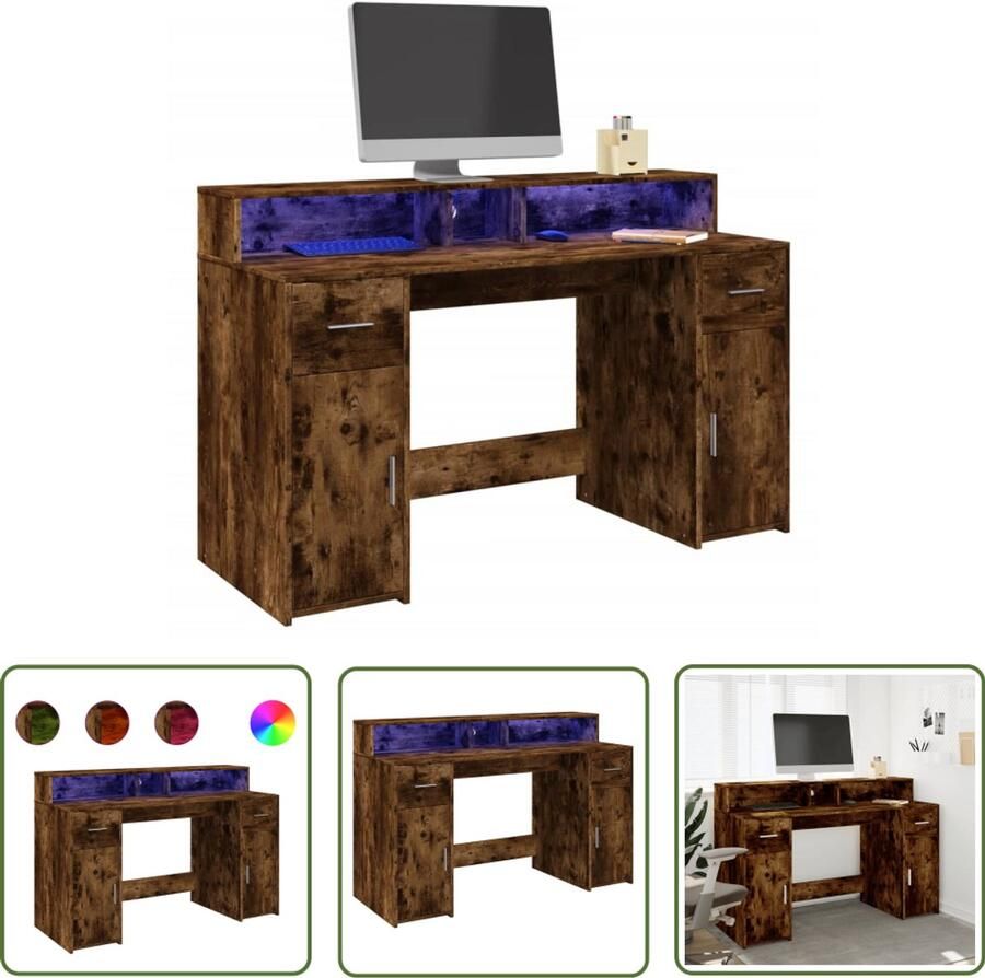 VidaXL Bureau met LED-verlichting 140x55x91 cm hout gerookt eikenkleur Bureau Houten Bureau Computer Bureau Led Bureau Gaming Bureau