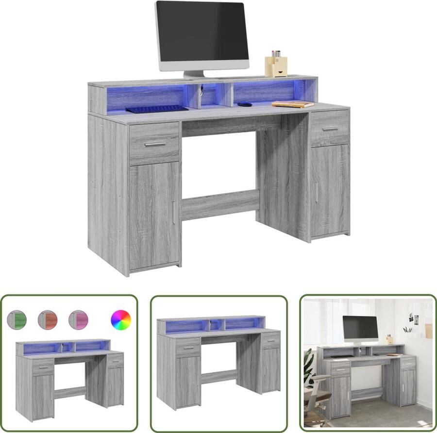 VidaXL Bureau met LED-verlichting 140x55x91 cm hout grijs sonoma eiken Bureau Houten Bureau Grijze Bureau Led Bureau Ergonomisch Bureau