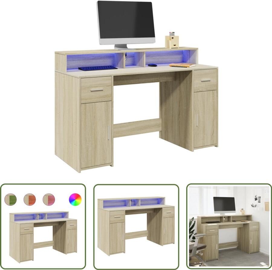VidaXL Bureau met LED-verlichting 140x55x91 cm hout sonoma eikenkleur Bureau Sonomapine Houten Bureau Led Bureau Computer Bureau