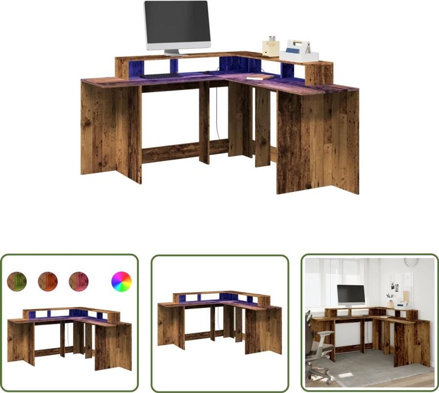 VidaXL Bureau met LED-verlichting 152x152x91 cm bewerkt hout oud hout Bureau Led Verlichting Houten Bureau Computer Bureau Gaming Bureau