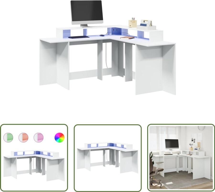 VidaXL Bureau met LED-verlichting 152x152x91 cm bewerkt hout wit Bureau Houten Bureau Led Bureau Computer Bureau Gaming Bureau