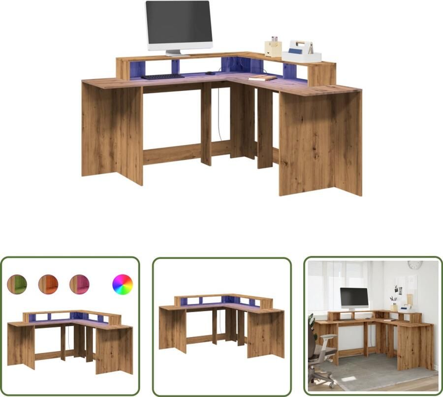 VidaXL Bureau met LED-verlichting 152x152x91 cm hout artisanaal eiken Bureau Houten Bureau Led Bureau Computer Bureau Gaming Bureau