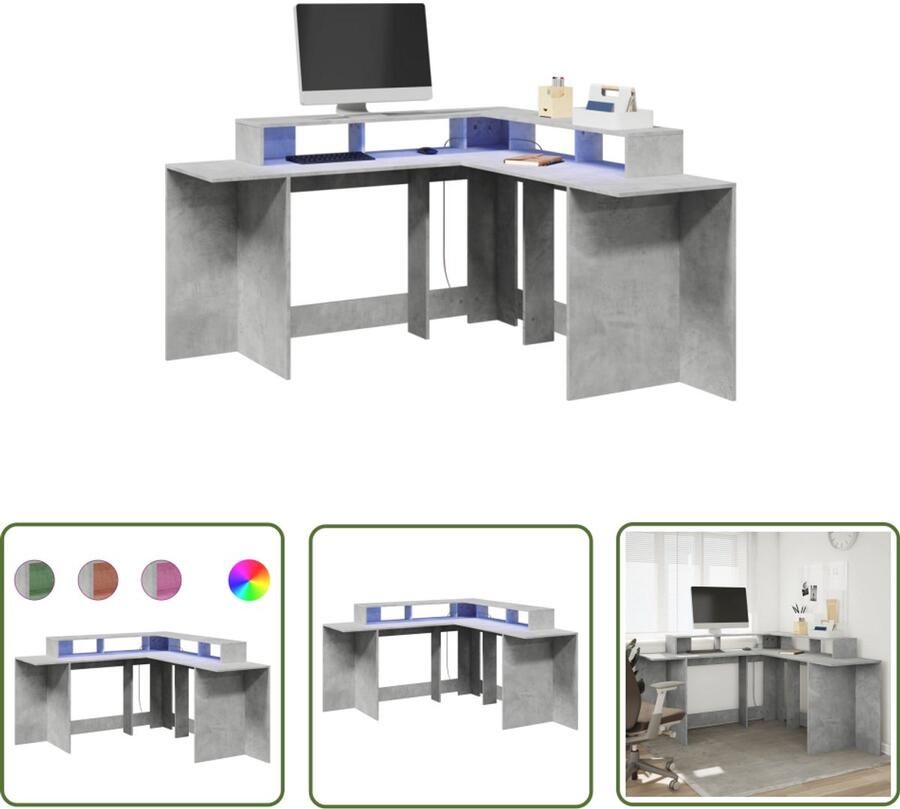 VidaXL Bureau met LED-verlichting 152x152x91 cm hout betongrijs Bureau Houten Bureau Led Bureau Computer Bureau Gaming Bureau