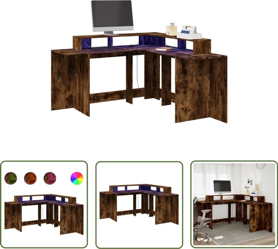 VidaXL Bureau met LED-verlichting 152x152x91 cm hout gerookt eiken Bureau Houten Bureau Computer Bureau Led Bureau Gaming Bureau