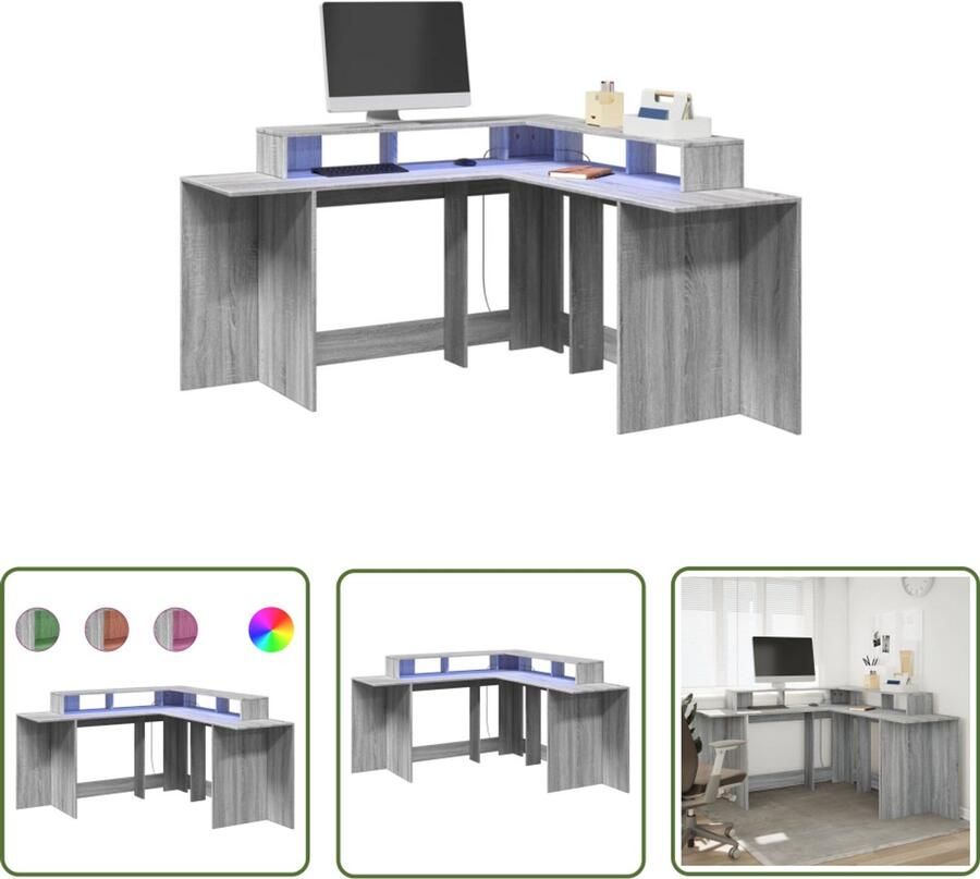 VidaXL Bureau met LED-verlichting 152x152x91 cm hout grijs sonoma Bureau Houten Bureau Led Bureau Gaming Bureau Computer Bureau