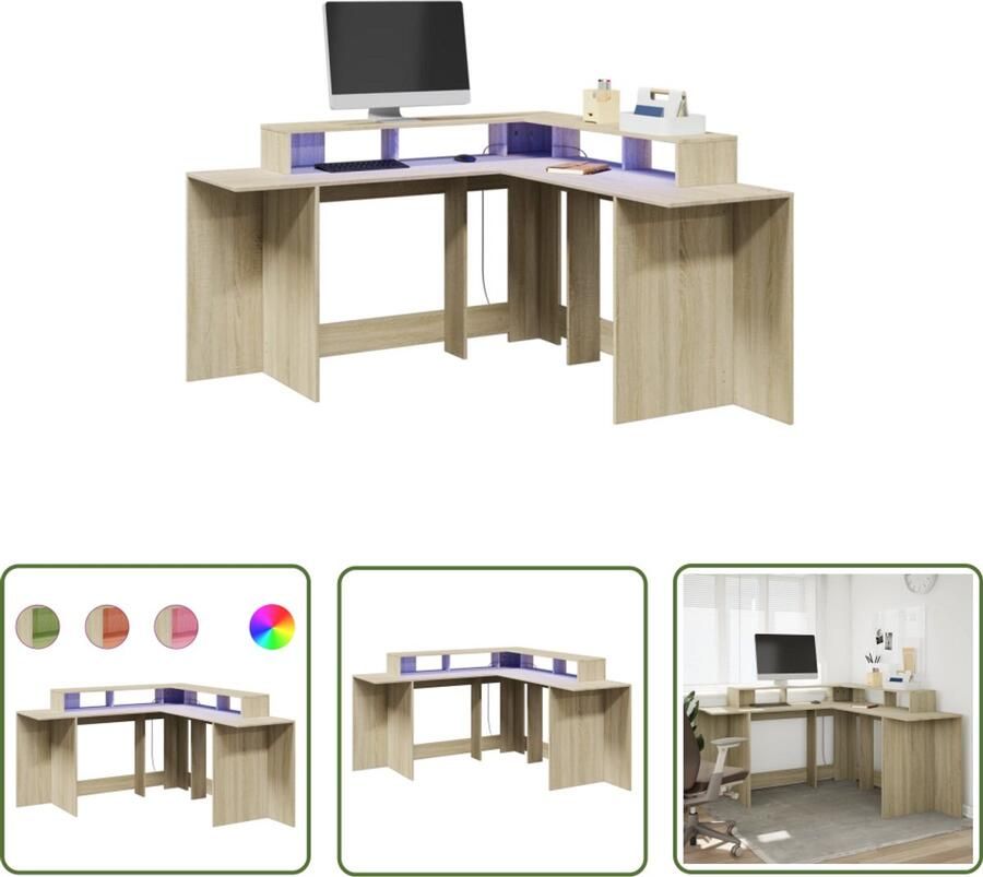 VidaXL Bureau met LED-verlichting 152x152x91 cm hout sonoma eikenkleur Bureau Houten Bureau Sonoma Eiken Kleur Led Bureaulamp Computer Bureau